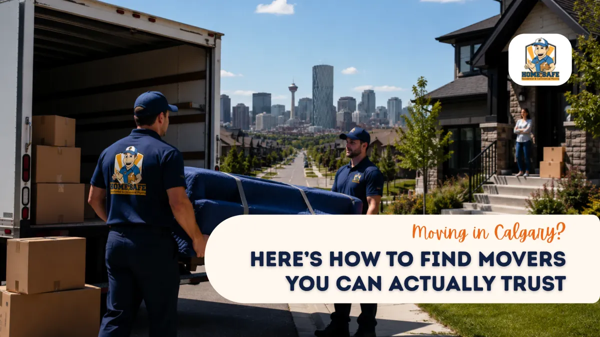 Two movers unloading moving truck in residential Calgary neighborhood