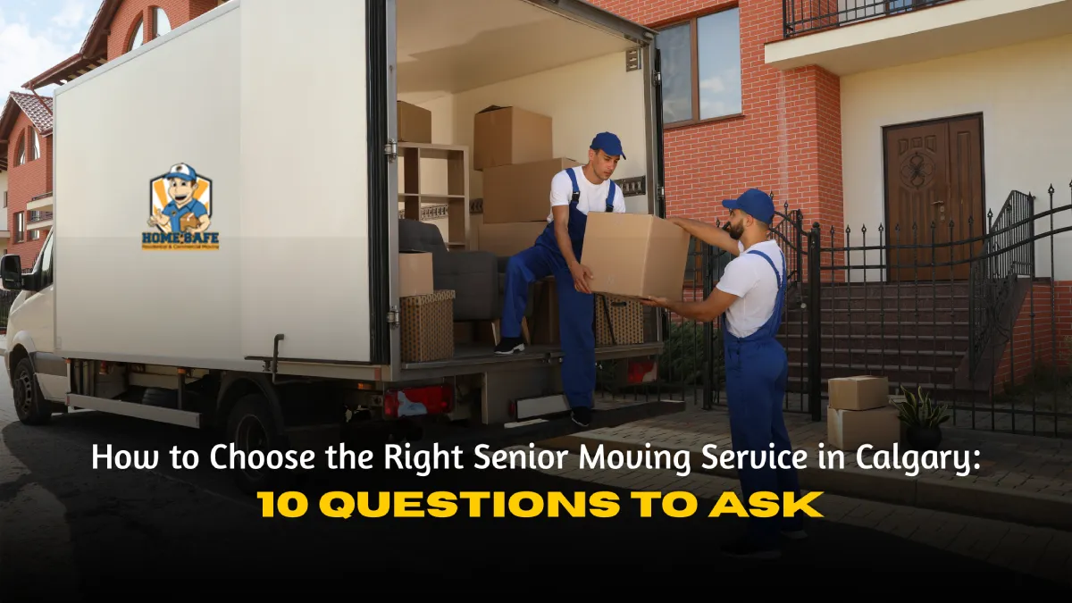 Senior movers loading truck outside Calgary home